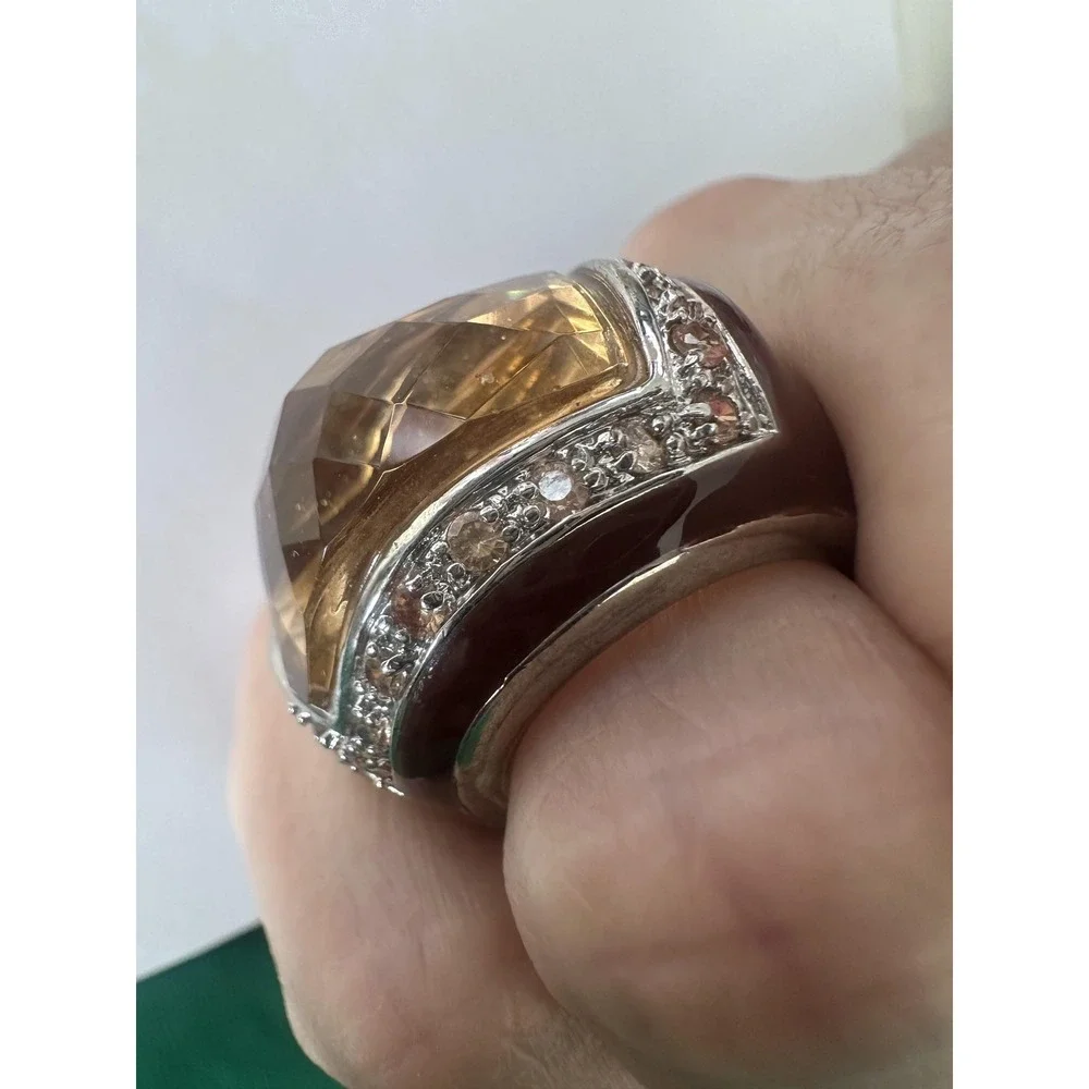 Brown Resin Dome Cocktail Ring Sz 7 Topaz Rhinestone Silver Tone Statement Rare